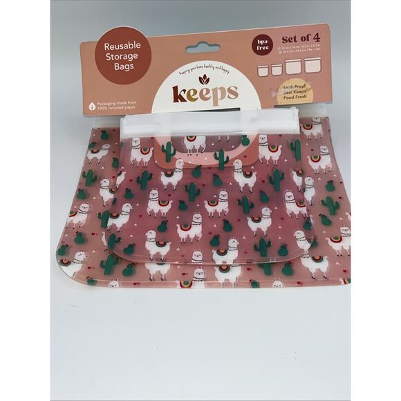 Keeps reusable food storage bags set 4 Dishwasher freezer safe llama cactus - Picture 1 of 5